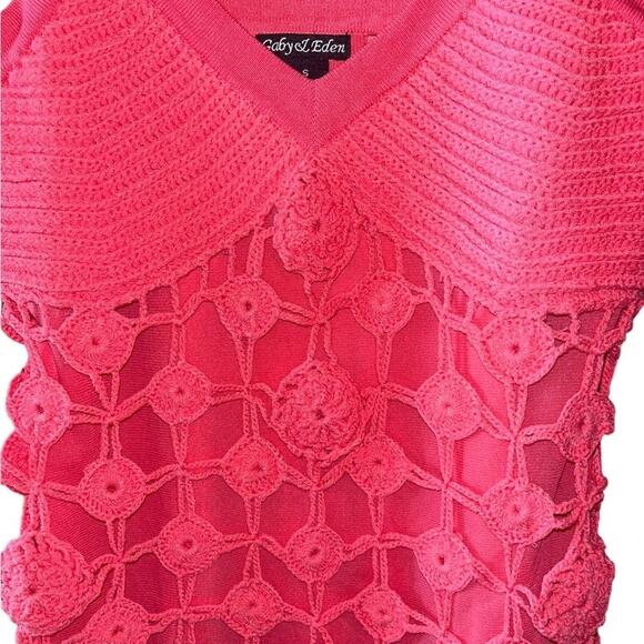 Gaby Eden Coral Tank Top Womens Small Crochet Knitted V Neck Pink Boho Hippie - Picture 2 of 4